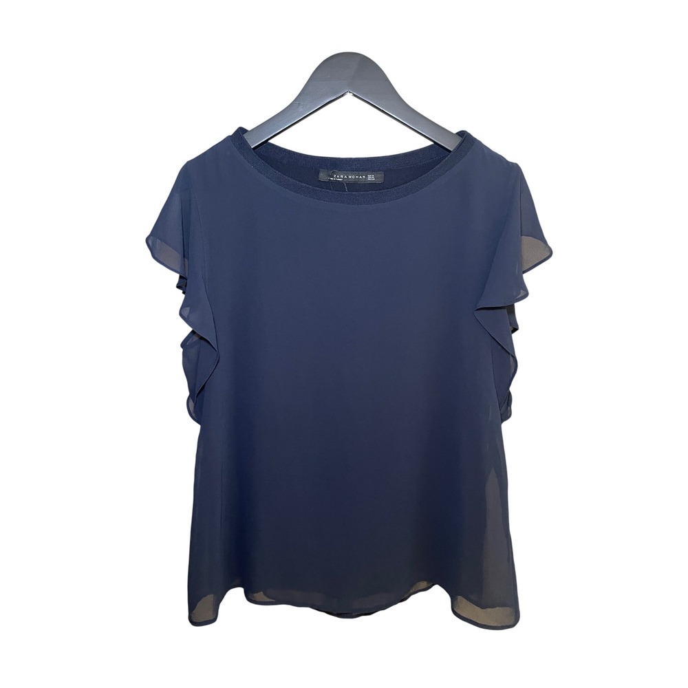 Navy Blue Top Women's Medium Zara Chiffon Blouse Minimalist Office Careercore
